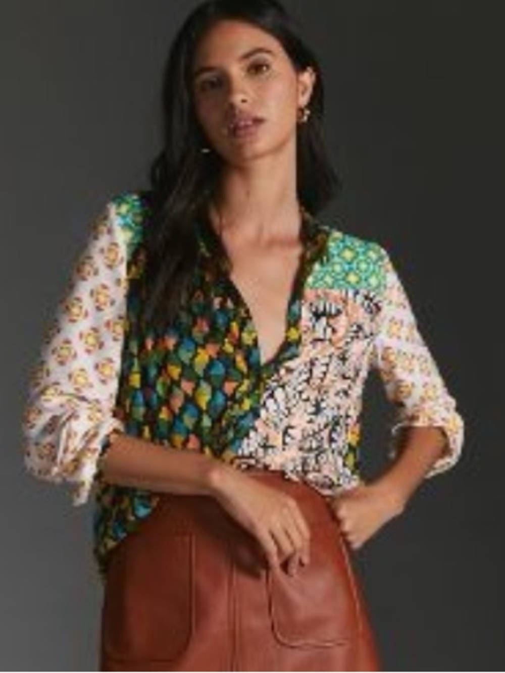 Maeve by Anthropologie The Paz Patchwork Buttondown Shirt Contrast Print Size XS
